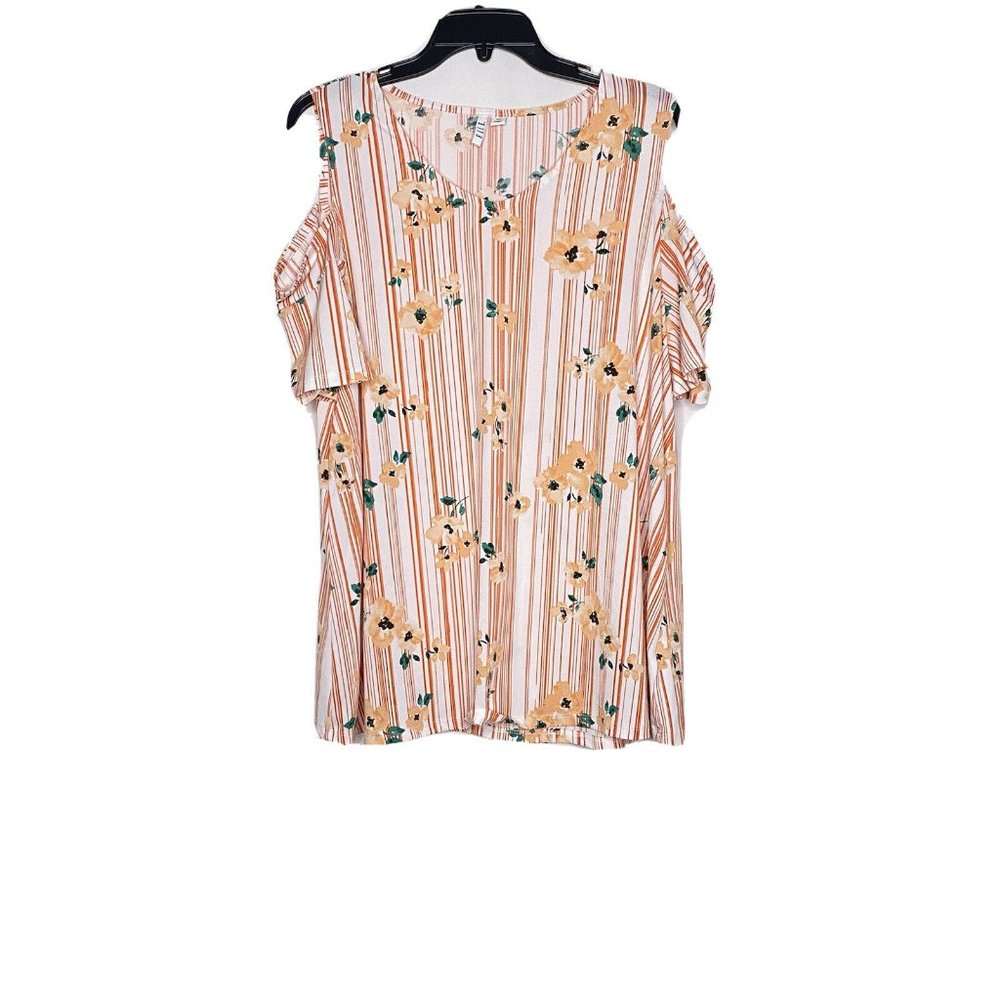 Elle White Orange Striped Floral Cold Shoulder Top